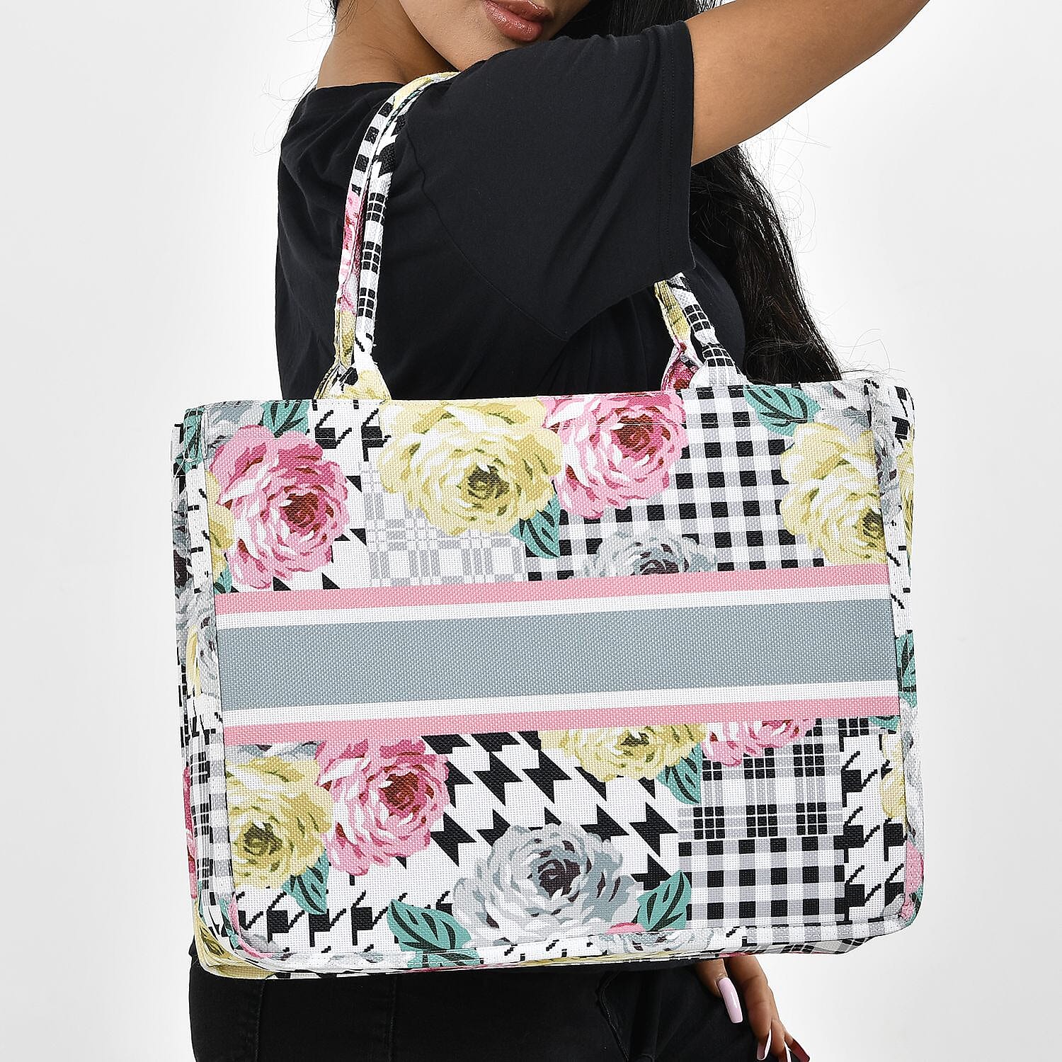 Designer Inspired - Floral Pattern Tote Bag with Handle Drop - Yellow
