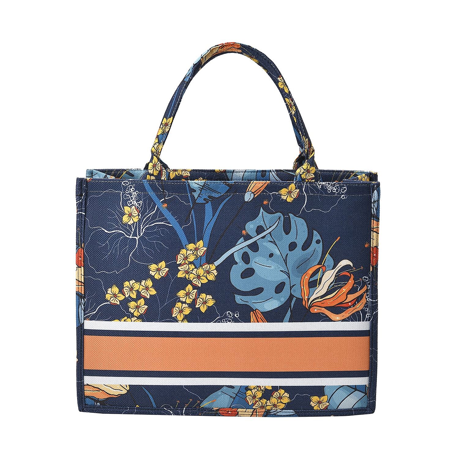 Designer Inspired Closeou - Leaves Pattern Tote Bag with Handle Drop - Navy
