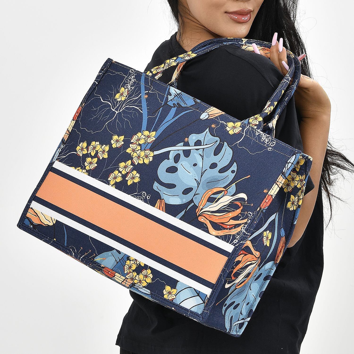 Designer Inspired Closeou - Leaves Pattern Tote Bag with Handle Drop - Navy