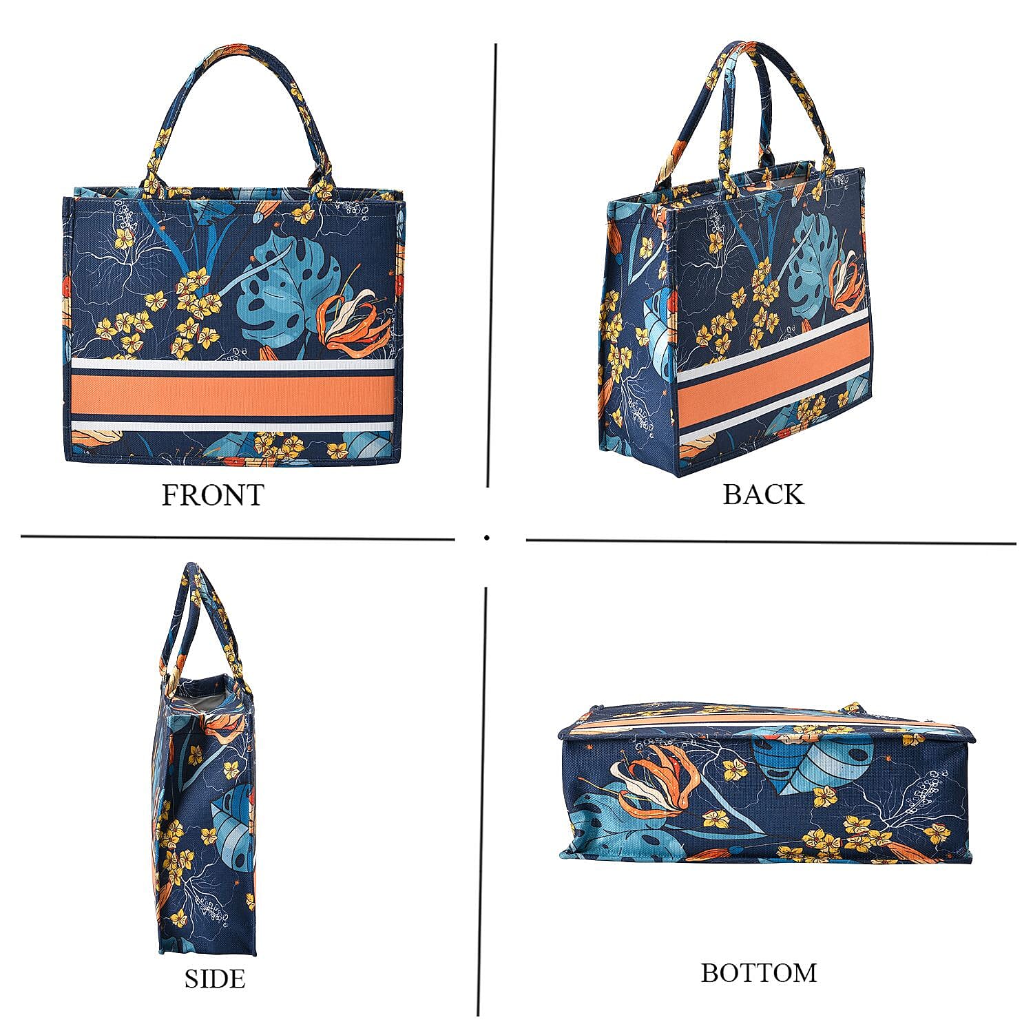 Designer Inspired Closeou - Leaves Pattern Tote Bag with Handle Drop - Navy