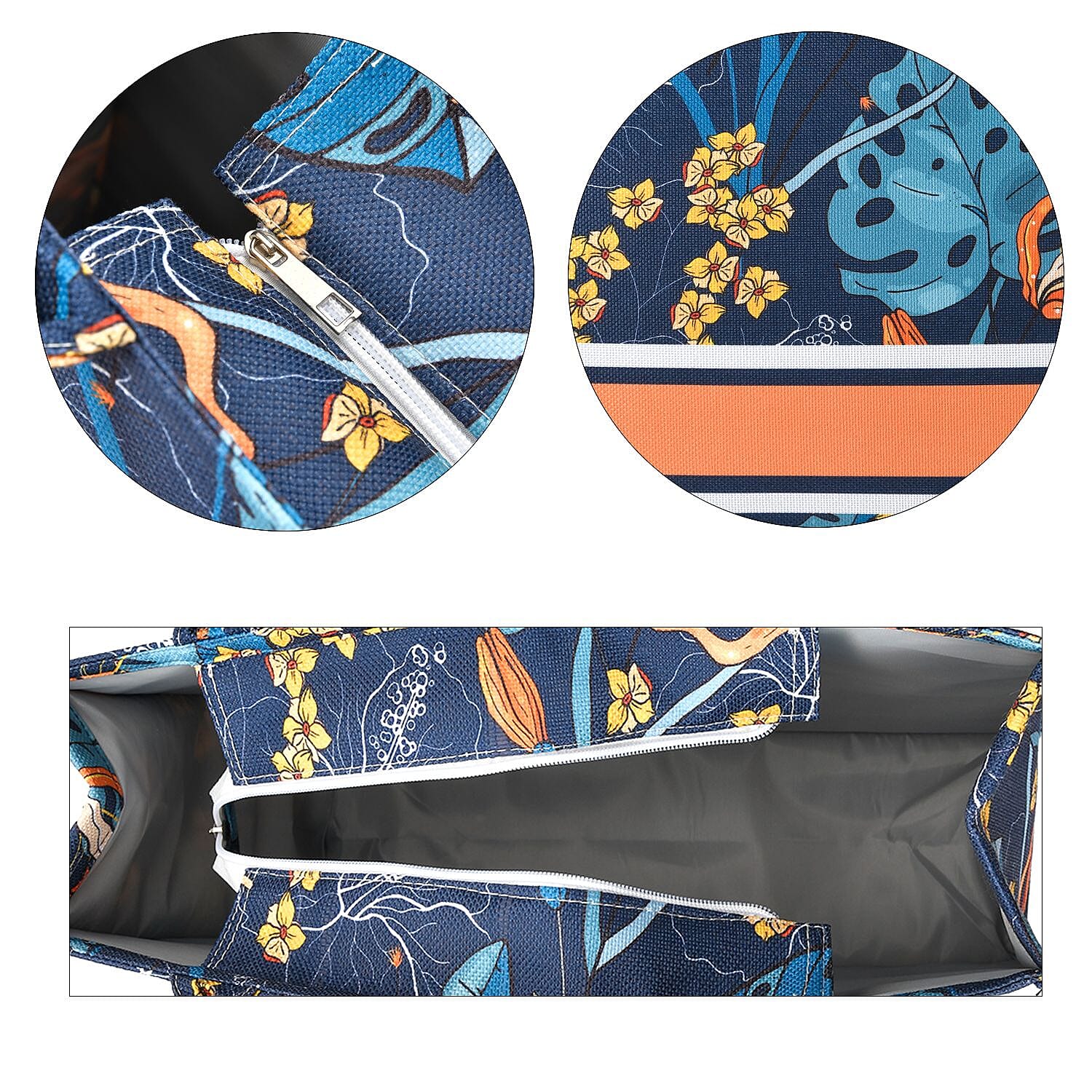 Designer Inspired Closeou - Leaves Pattern Tote Bag with Handle Drop - Navy