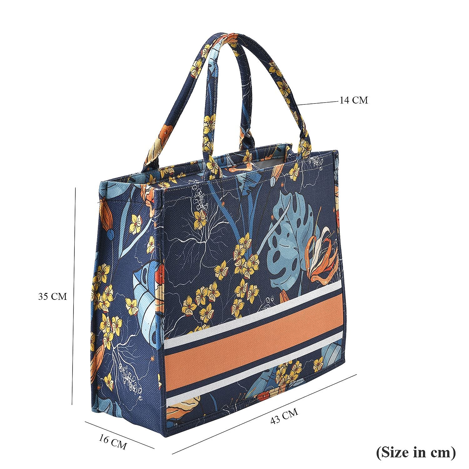 Designer Inspired Closeou - Leaves Pattern Tote Bag with Handle Drop - Navy