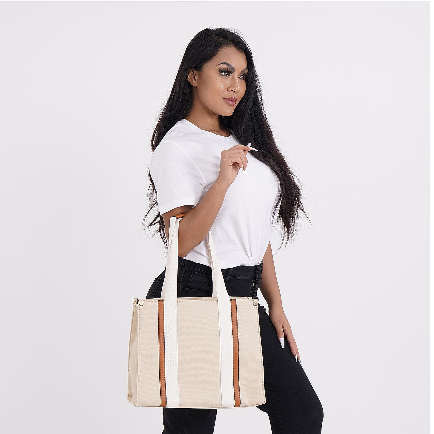 Designer Inspired- Canvas Tote Bag With Zipped Pocket & Handle Drop - Beige