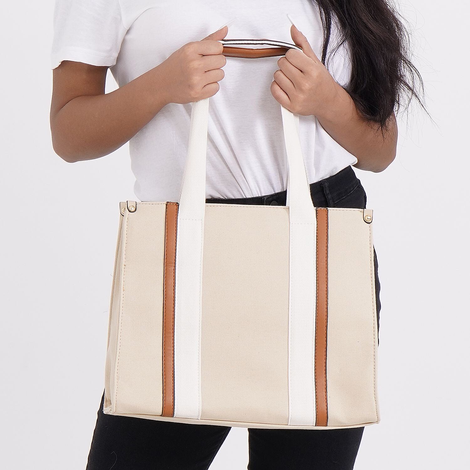 Designer Inspired- Canvas Tote Bag With Zipped Pocket & Handle Drop - Beige