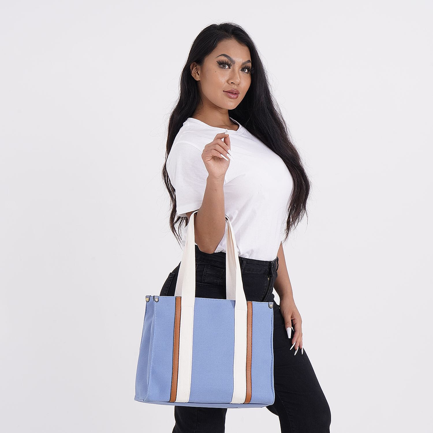 Designer Inspired- Canvas Tote Bag With Zipped Pocket - Handle Drop - Blue