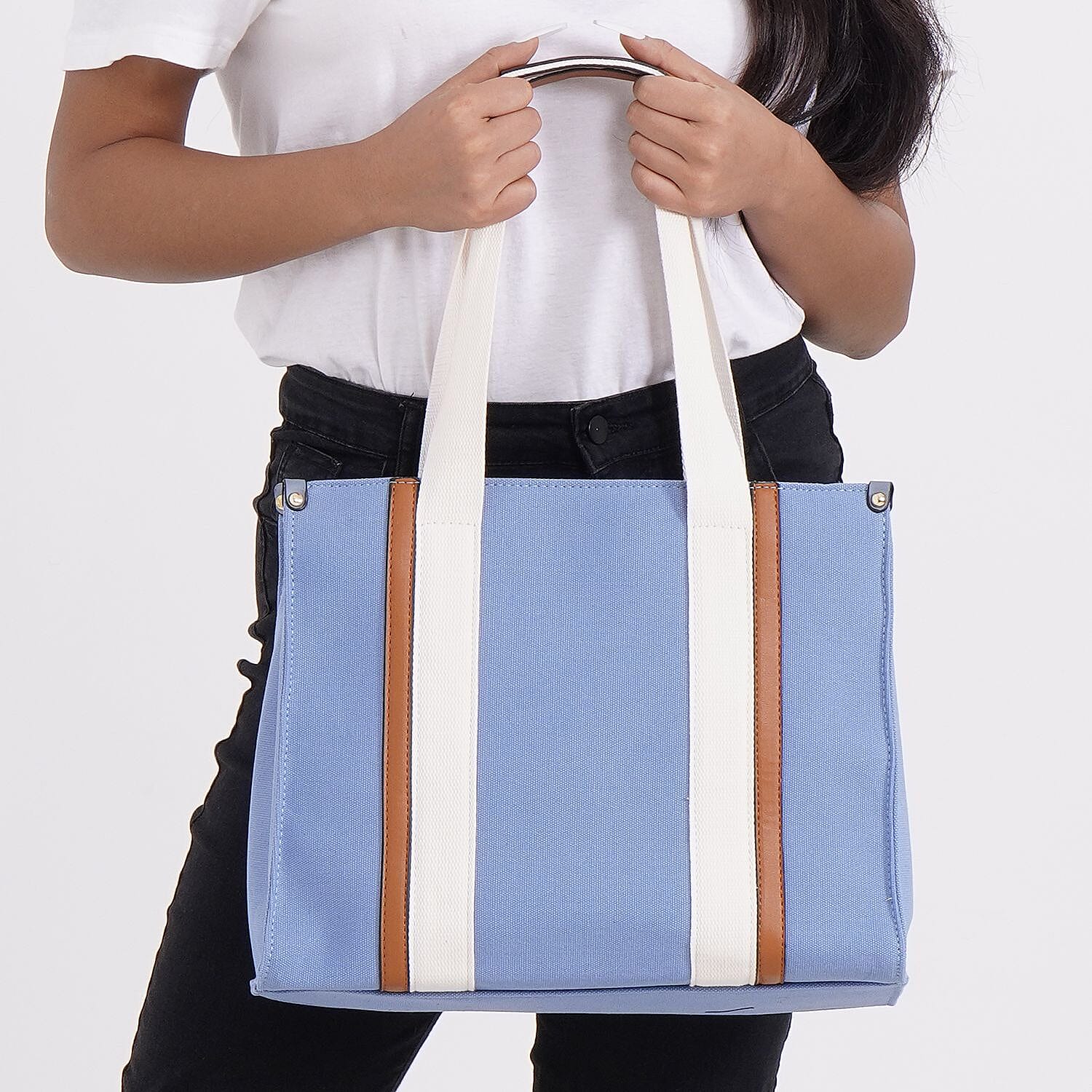 Designer Inspired- Canvas Tote Bag With Zipped Pocket - Handle Drop - Blue