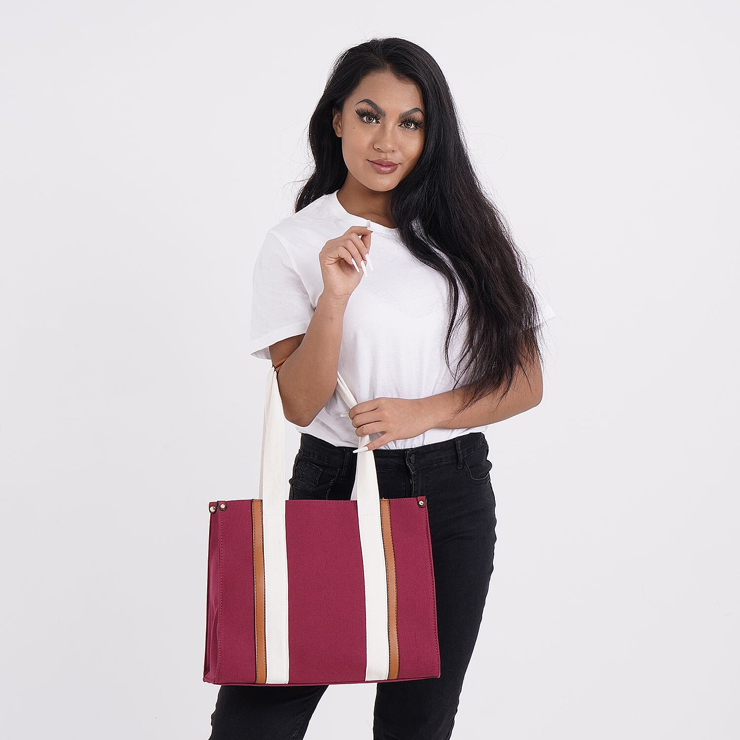 Designer Inspired- Canvas Tote Bag With Zipped Pocket - Handle Drop - Burgundy