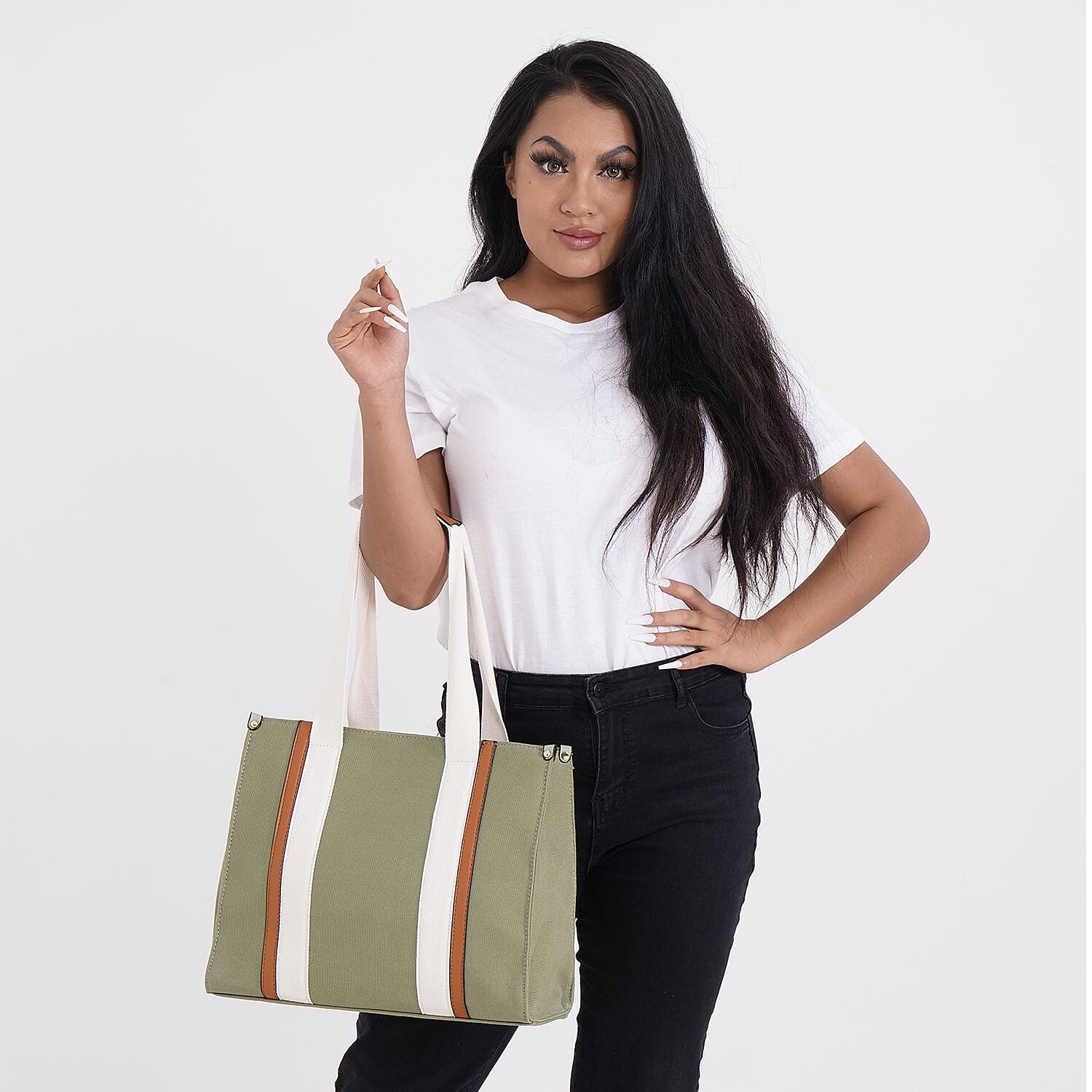 Designer Inspired- Canvas Tote Bag With Zipped Pocket - Handle Drop - Olive