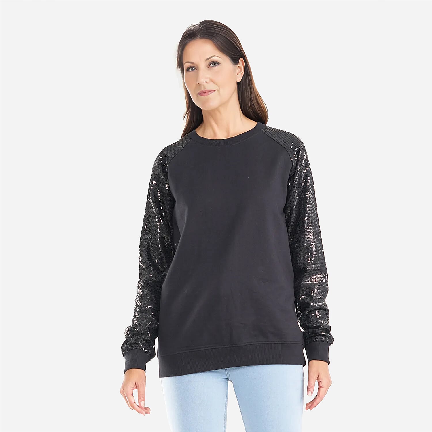 TAMSY 100% Cotton Sequin Sleeve Fleece Sweatshirt (Size L) - Black