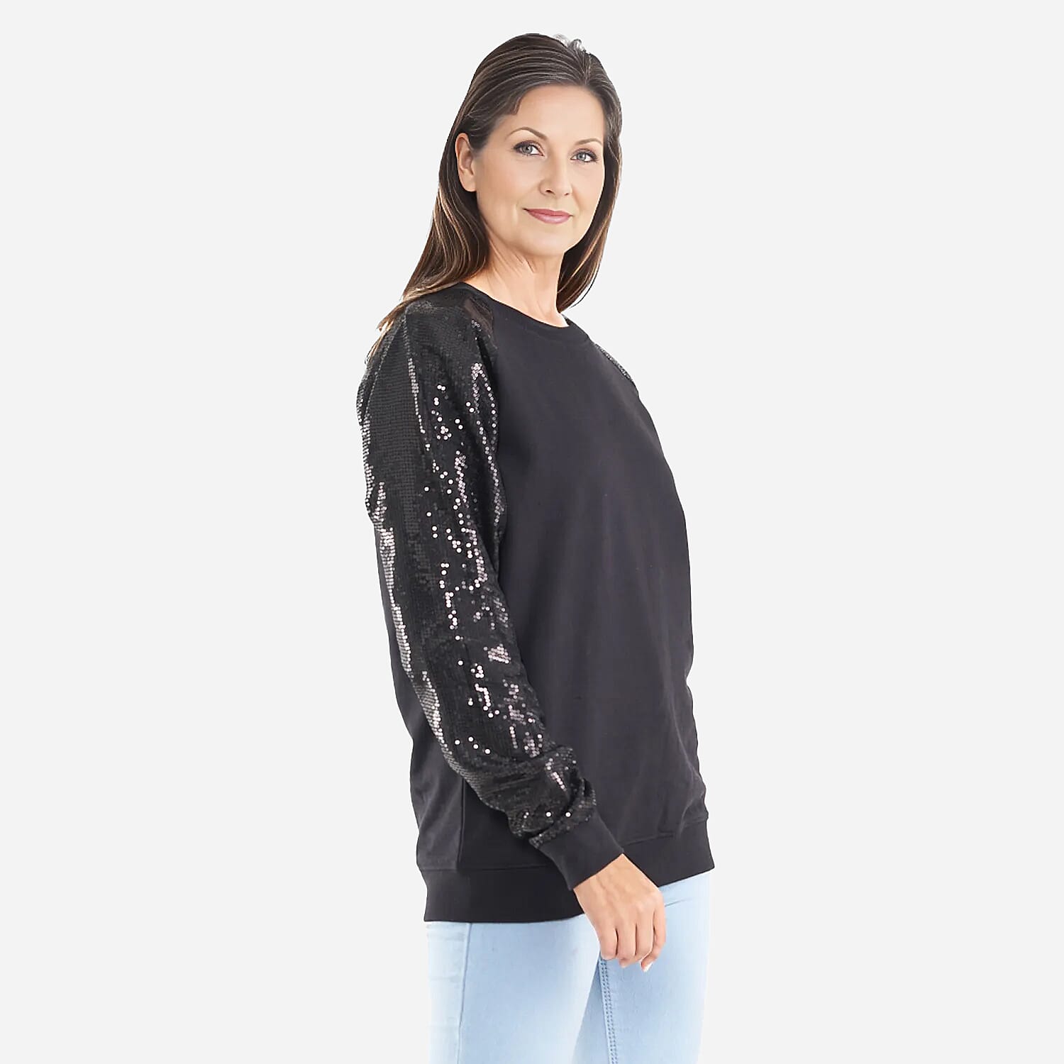 TAMSY 100% Cotton Sequin Sleeve Fleece Sweatshirt (Size L) - Black