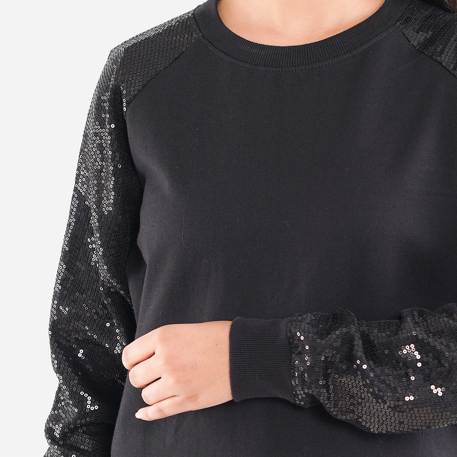 TAMSY 100% Cotton Sequin Sleeve Fleece Sweatshirt (Size L) - Black