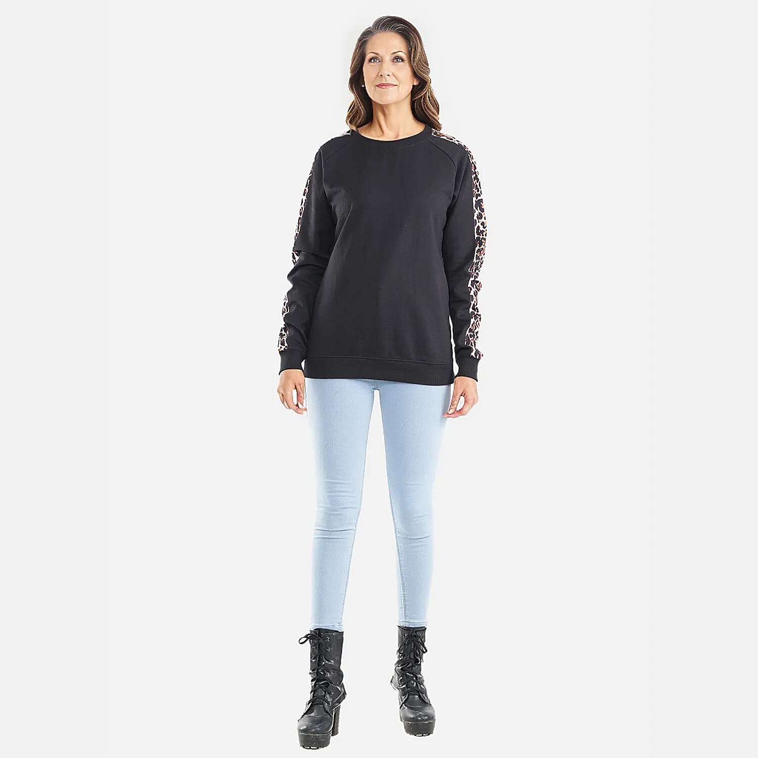 TAMSY 100% Cotton Leopard Pattern Sleeve Fleece Sweatshirt (Size S) - Black
