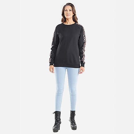 TAMSY 100% Cotton Leopard Pattern Sleeve Fleece Sweatshirt (Size L) - Black