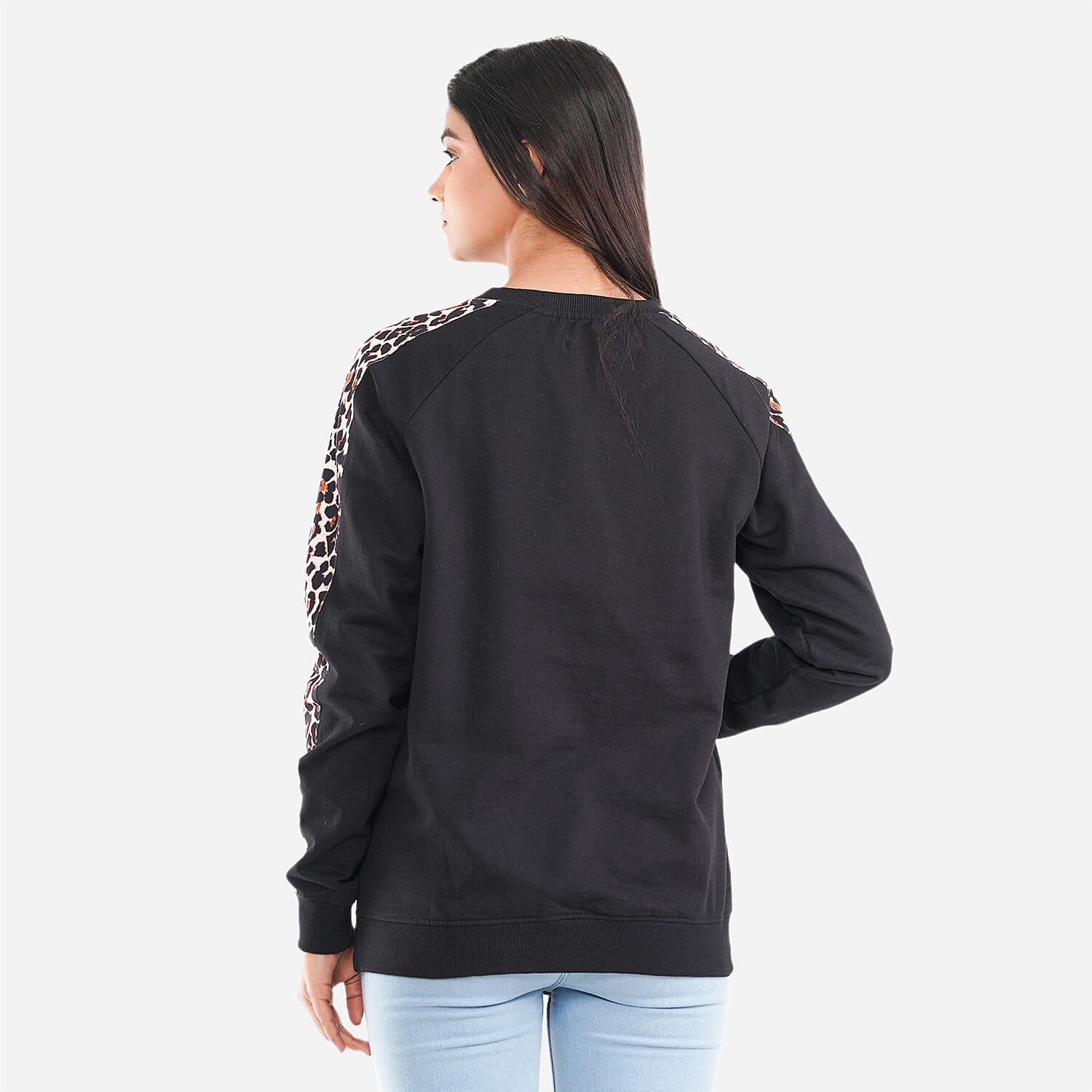 TAMSY 100% Cotton Leopard Pattern Sleeve Fleece Sweatshirt (Size S) - Black