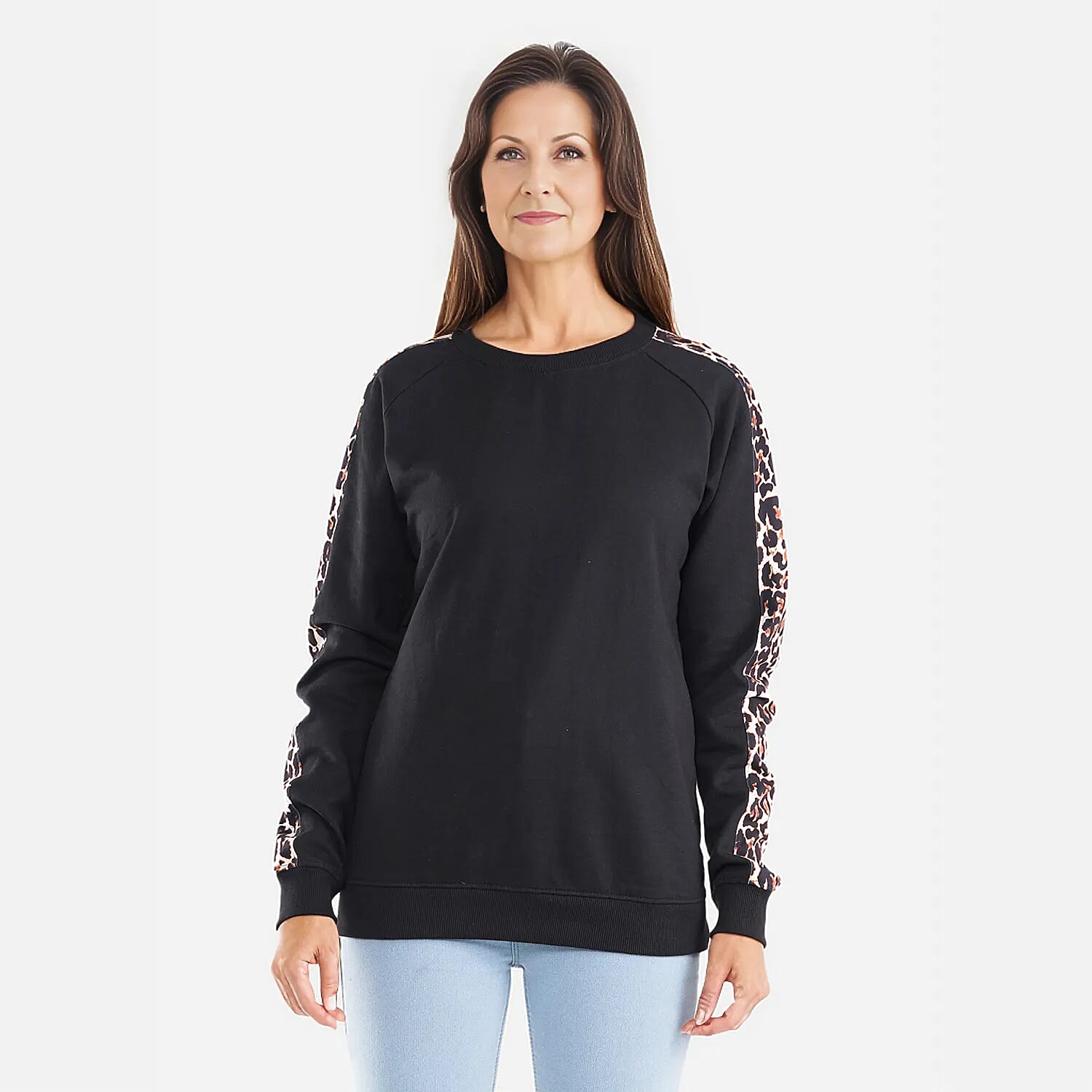 TAMSY 100% Cotton Leopard Pattern Sleeve Fleece Sweatshirt (Size S) - Black