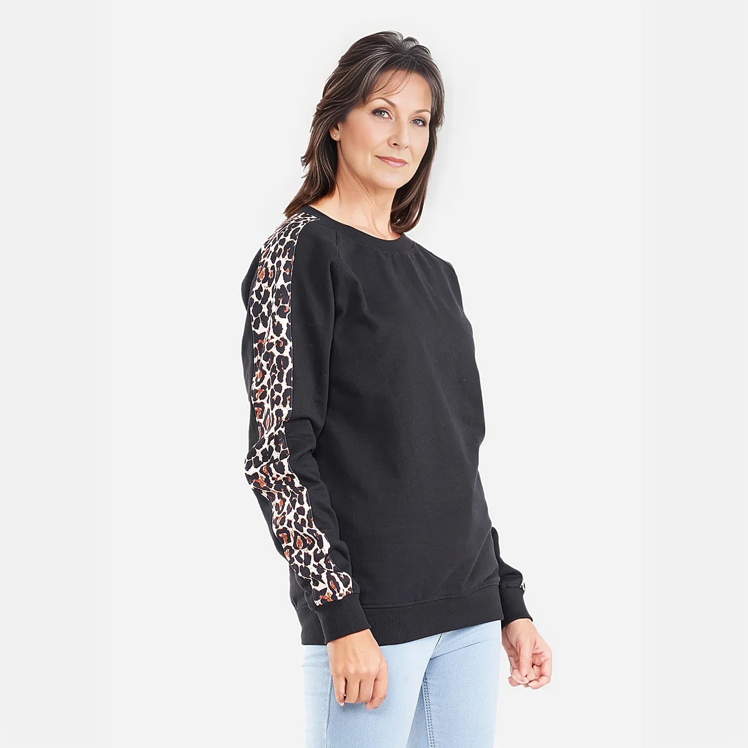 TAMSY 100% Cotton Leopard Pattern Sleeve Fleece Sweatshirt (Size S) - Black