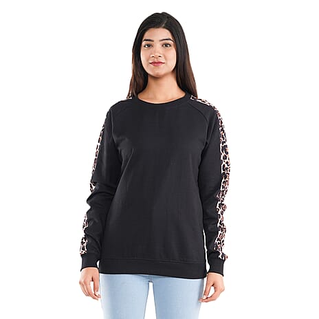 TAMSY 100% Cotton Leopard Pattern Sleeve Fleece Sweatshirt (Size M) - Black