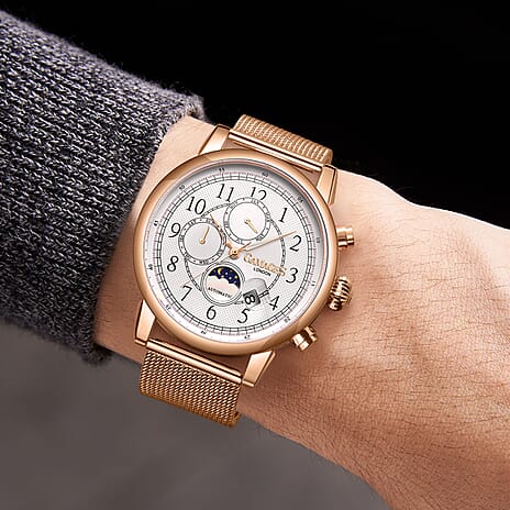 GAMAGES OF LONDON Greenwich Automatic Mens 45mm White Dial Water Resistant Watch With Moonphase Rose Stainless Steel Strap