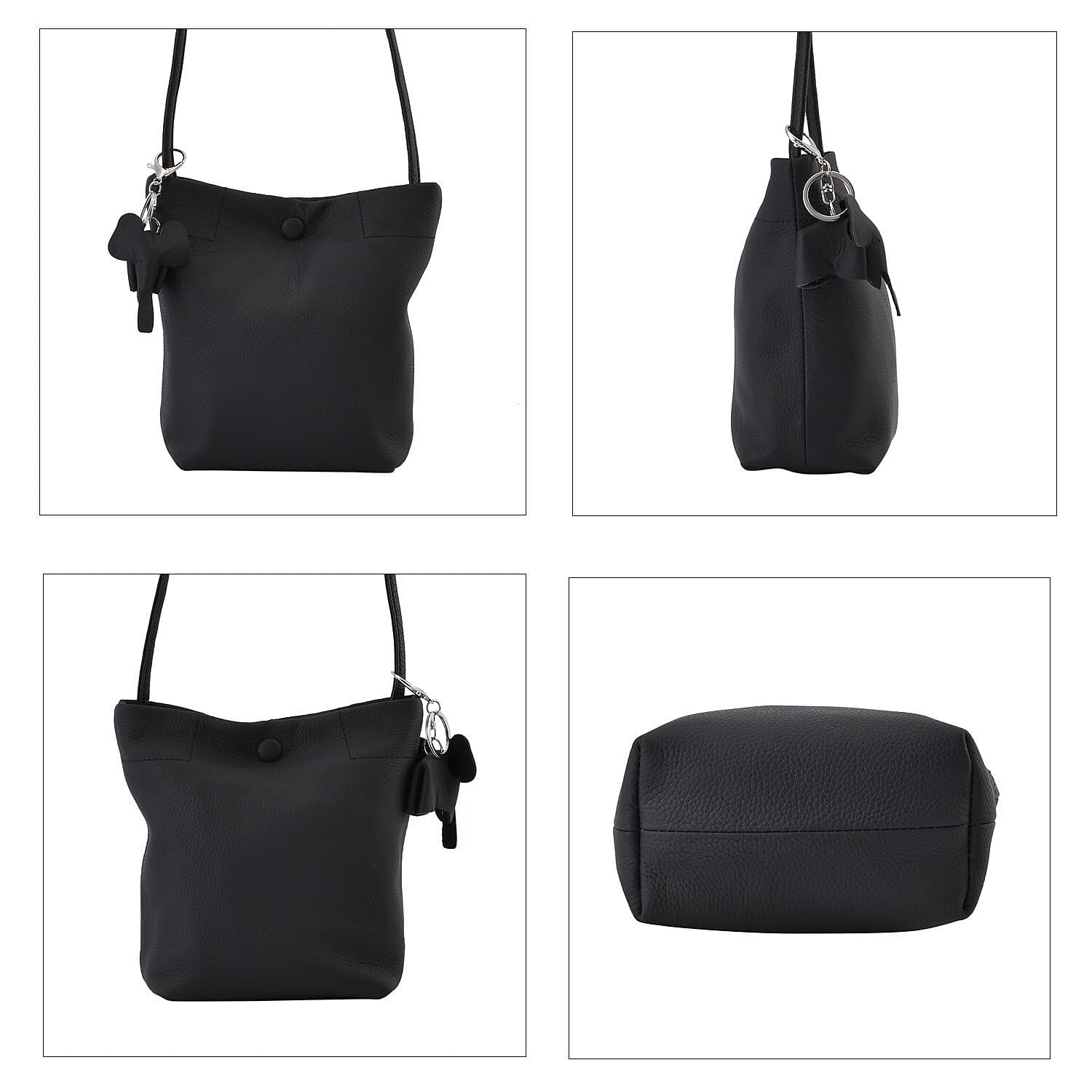 Crossbody Bag with Long Strap and Elephant Keychain (Size 19x17x8 cm) - Black