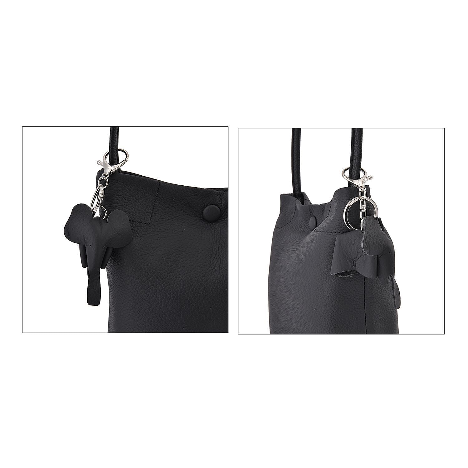 Crossbody Bag with Long Strap and Elephant Keychain (Size 19x17x8 cm) - Black