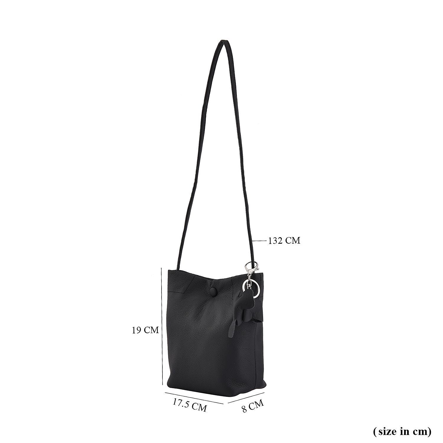 Crossbody Bag with Long Strap and Elephant Keychain (Size 19x17x8 cm) - Black