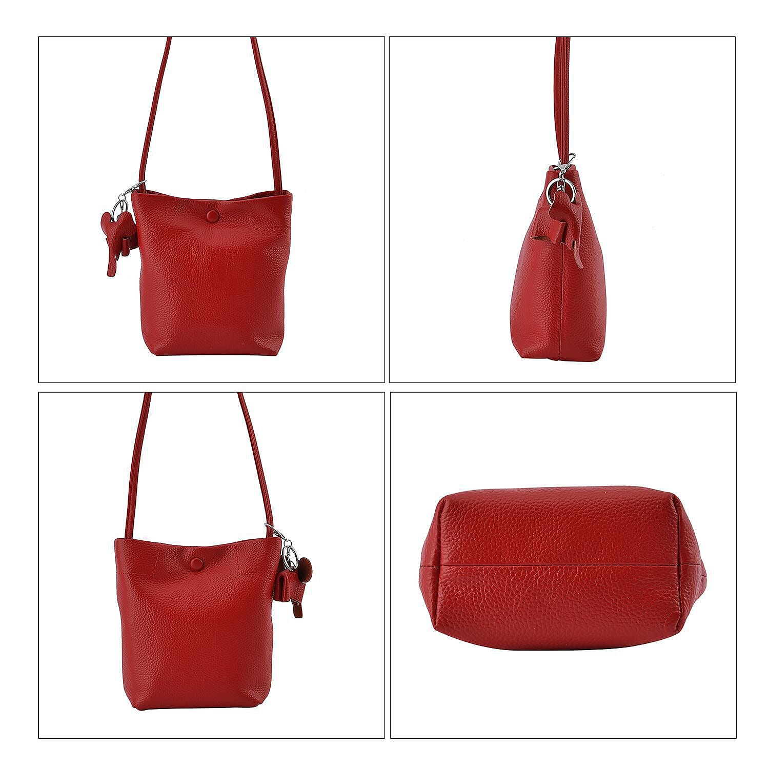 Crossbody 100% Leather Bag with Long Strap (Size 125 cm) and Elephant Keychain (Size 18x17x8 cm) - Red