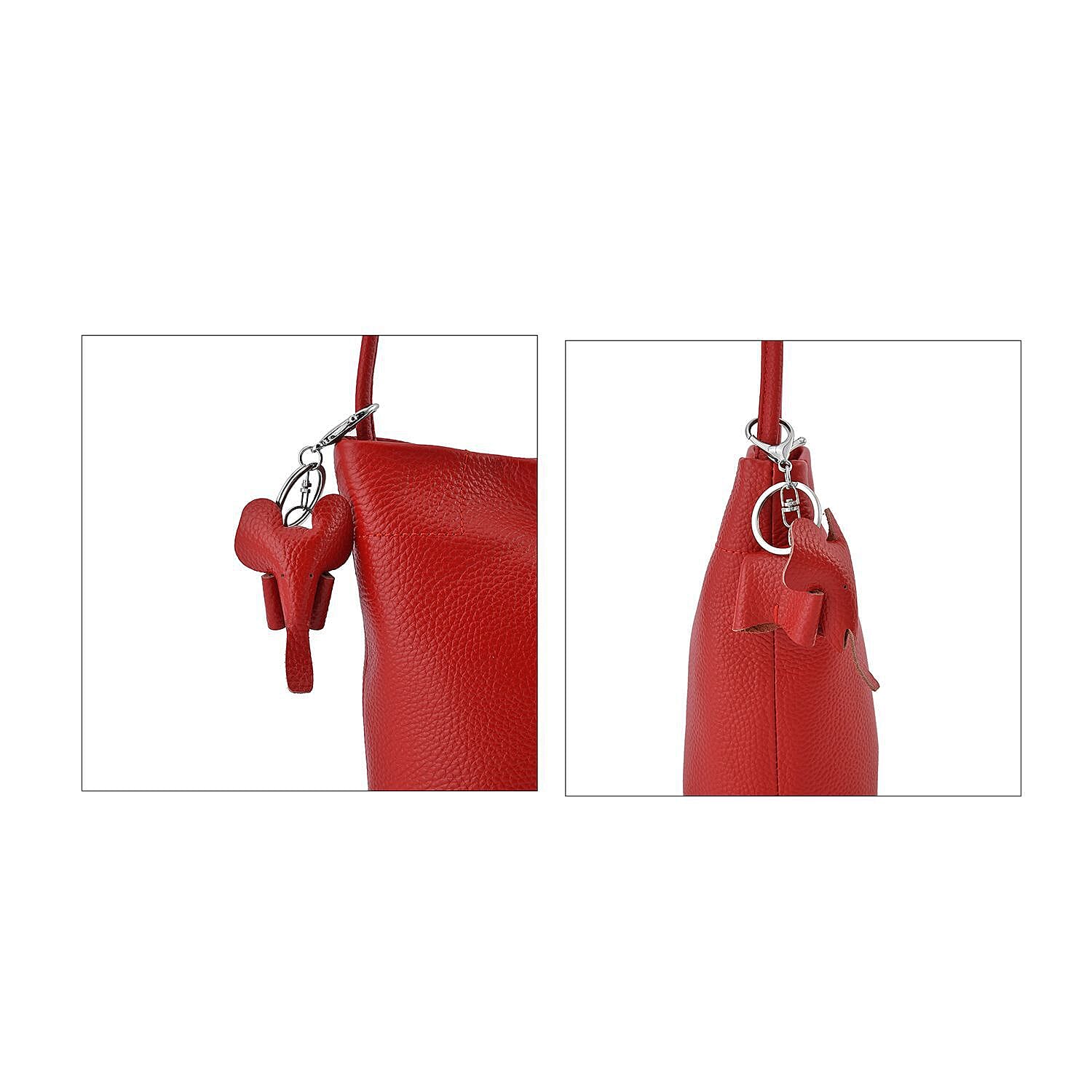 Crossbody 100% Leather Bag with Long Strap (Size 125 cm) and Elephant Keychain (Size 18x17x8 cm) - Red
