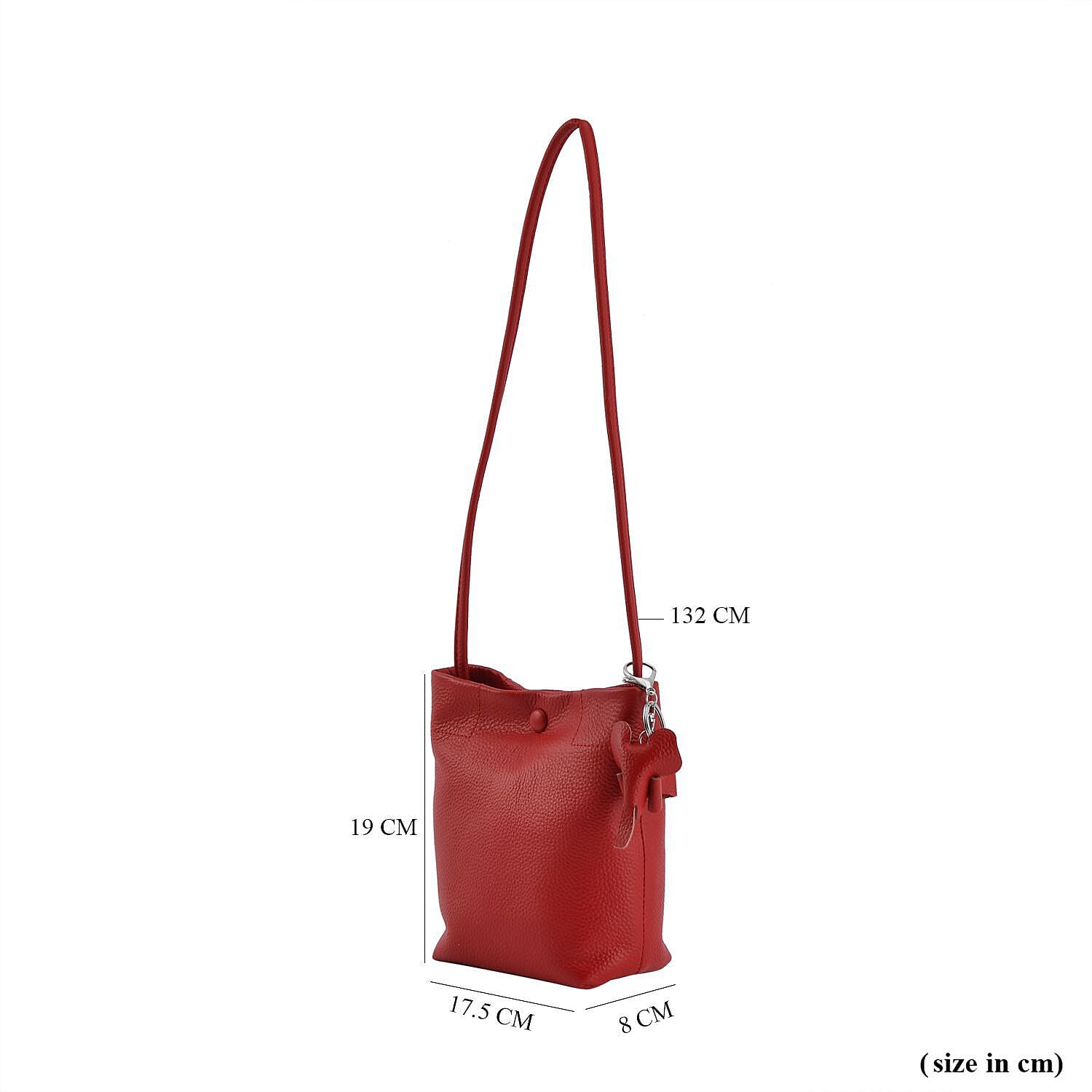 Crossbody 100% Leather Bag with Long Strap (Size 125 cm) and Elephant Keychain (Size 18x17x8 cm) - Red