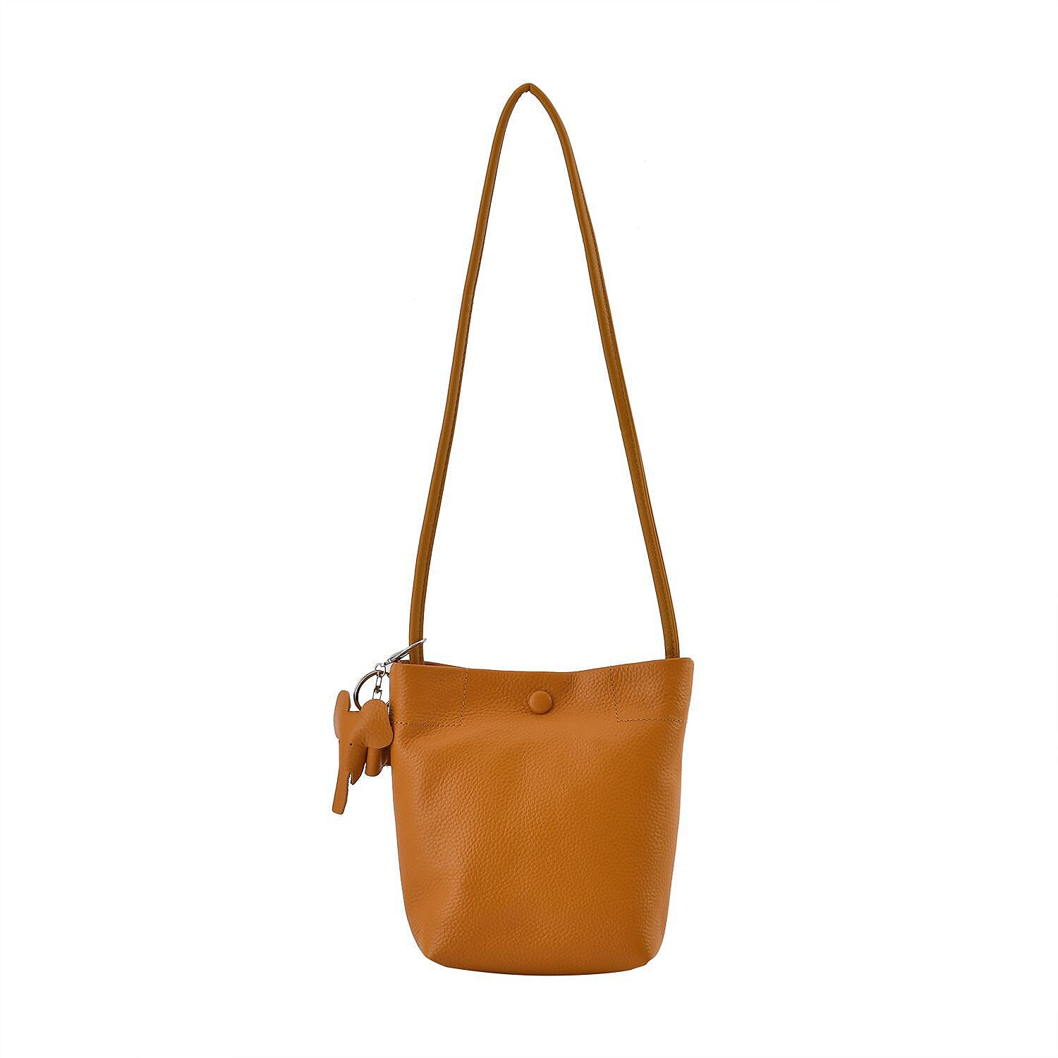 Crossbody 100% Leather Bag with Long Strap (Size 125 cm) and Elephant Keychain (Size 18x17x8 cm) - Tan