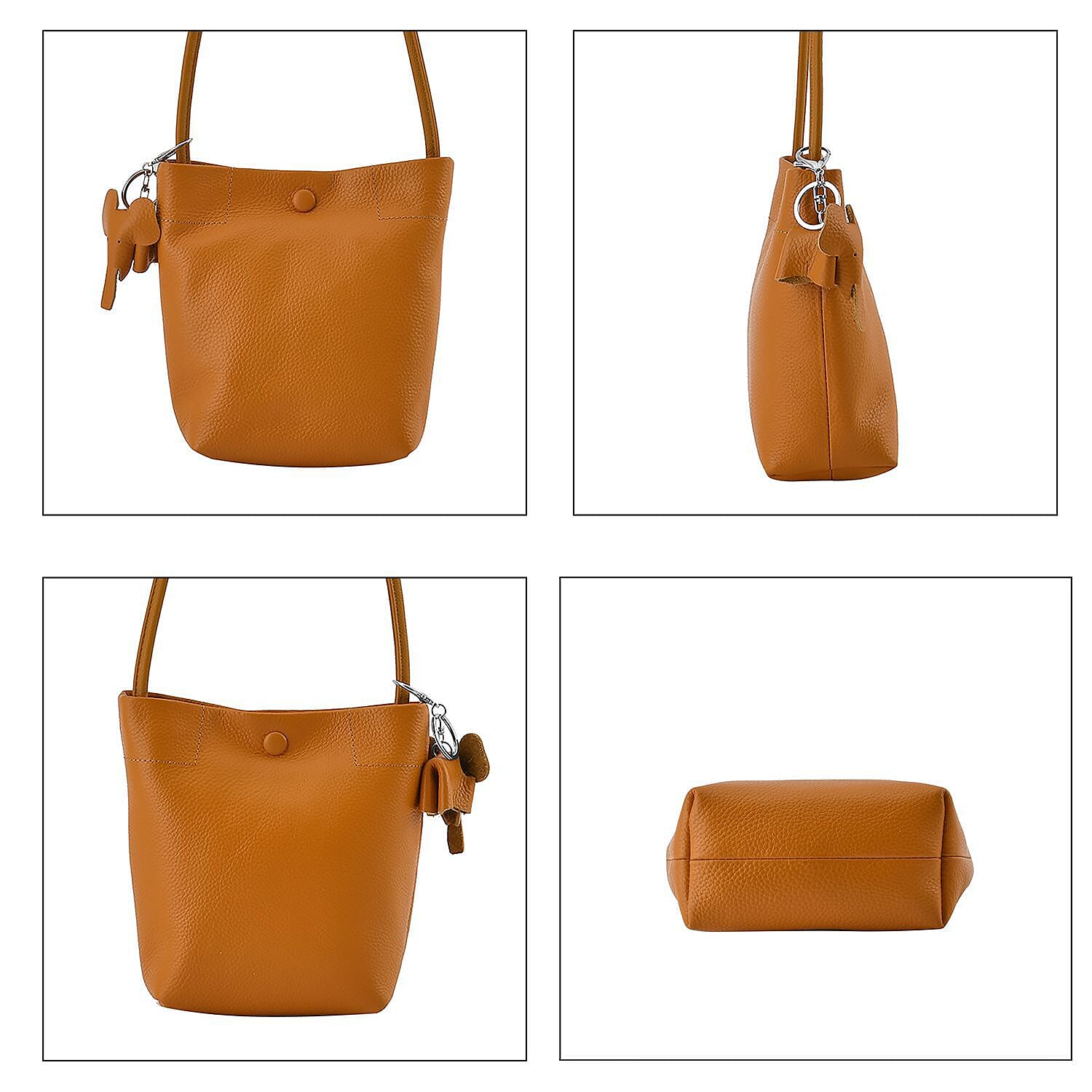 Crossbody 100% Leather Bag with Long Strap (Size 125 cm) and Elephant Keychain (Size 18x17x8 cm) - Tan