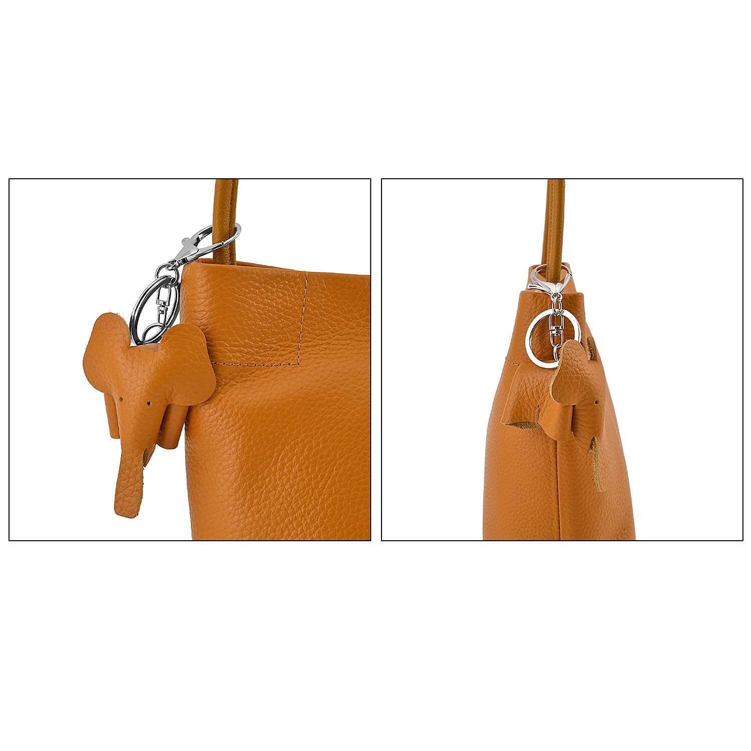 Crossbody 100% Leather Bag with Long Strap (Size 125 cm) and Elephant Keychain (Size 18x17x8 cm) - Tan
