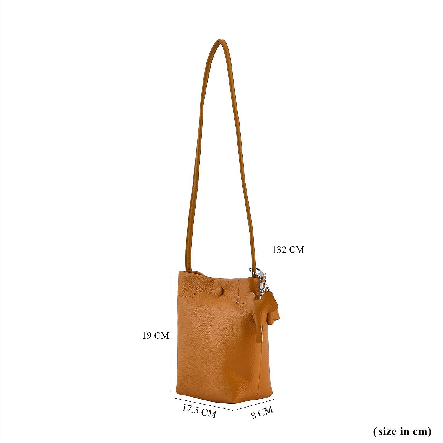 Crossbody 100% Leather Bag with Long Strap (Size 125 cm) and Elephant Keychain (Size 18x17x8 cm) - Tan
