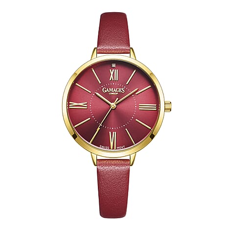 Gamages Of London Diamond Swiss Quartz Movement 3ATM Water Resistant Raspberry Dial Ladies Jubilant Watch in Stainless Steel - Gold