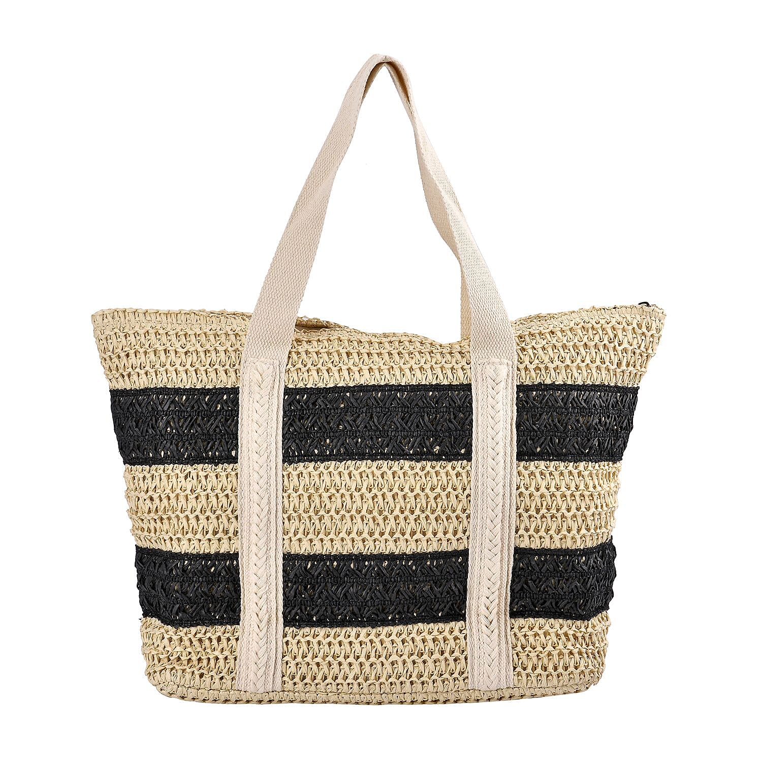 Straw Stripe Patterned Tote Bag Black Beige 7303186 TJC