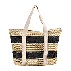 Paper Straw Stripe Patterned Tote Bag - Grey & Beige