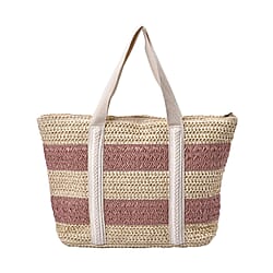 Paper Straw Stripe Patterned Tote Bag - Grey & Beige