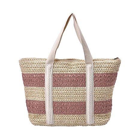 Straw Stripe Patterned Tote Bag - Pink & Beige