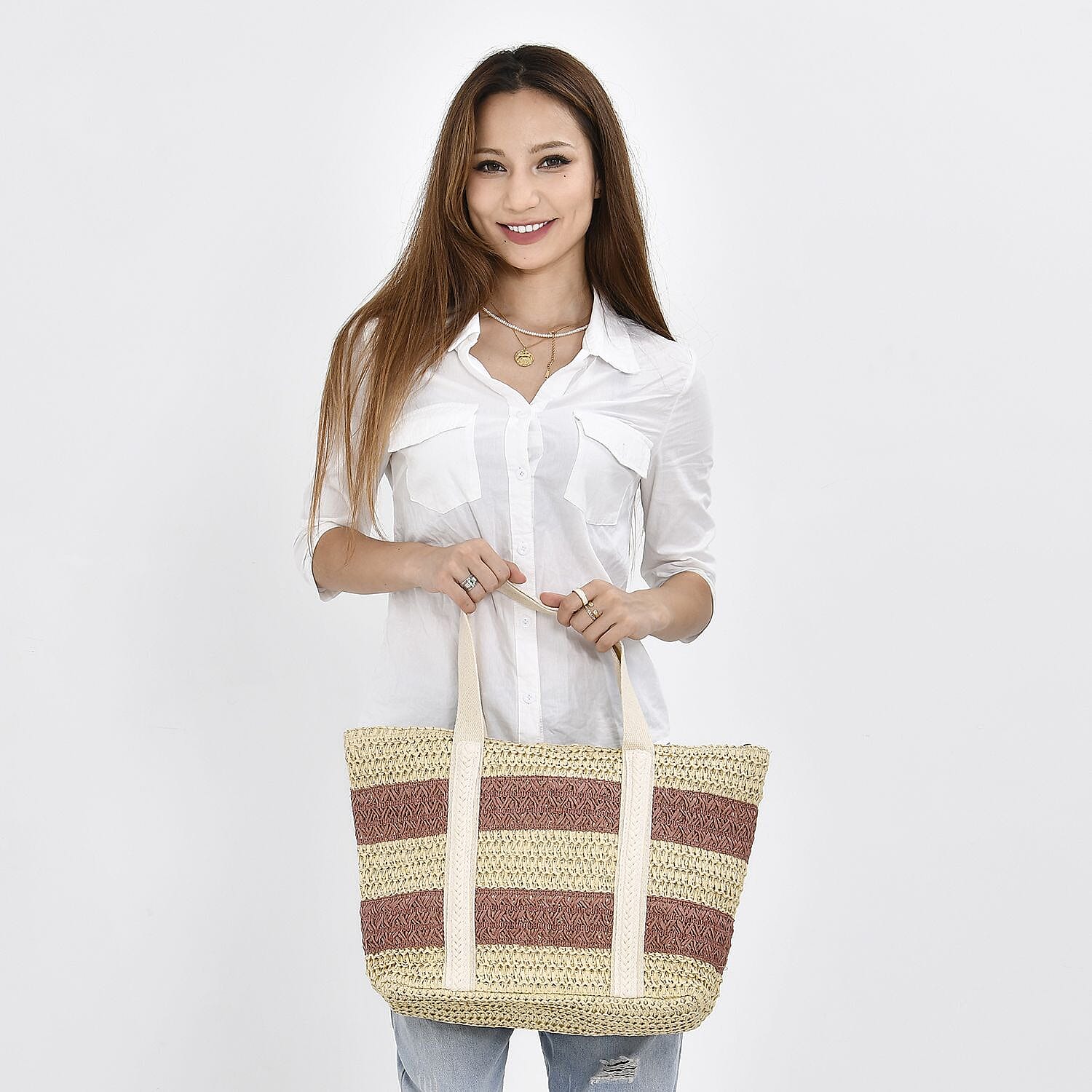 Straw Stripe Patterned Tote Bag - Pink - Beige