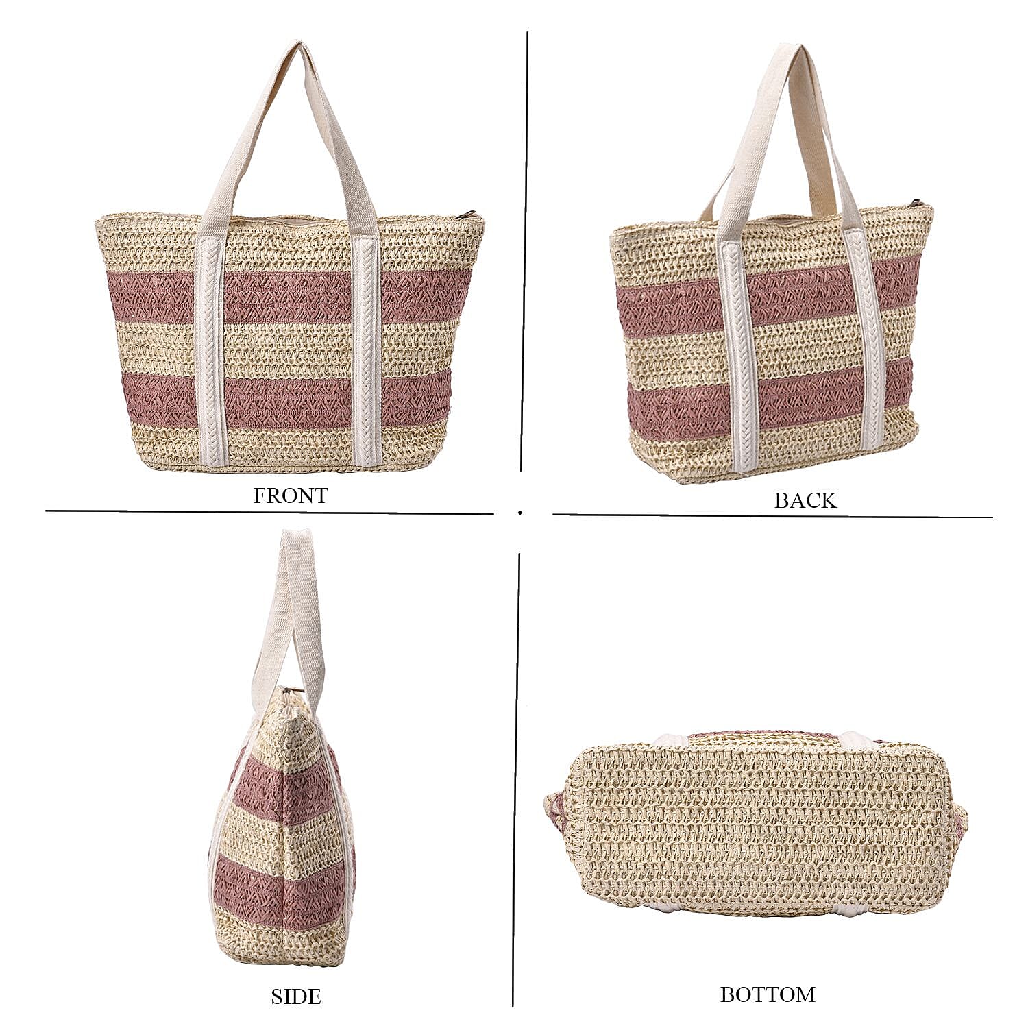 Straw Stripe Patterned Tote Bag - Pink - Beige