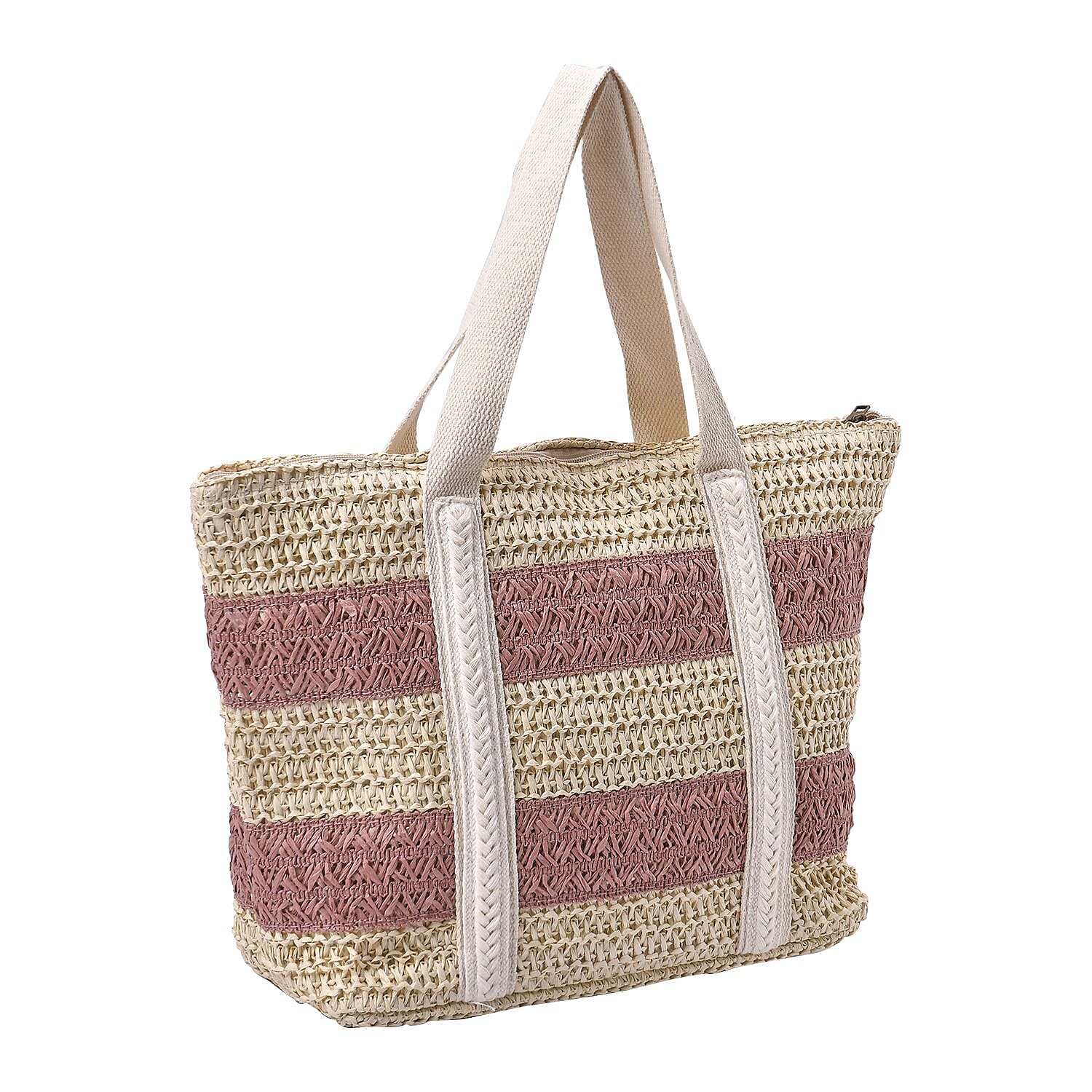 Straw Stripe Patterned Tote Bag - Pink - Beige
