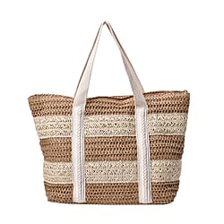 Paper Straw Stripe Patterned Tote Bag - Grey & Beige