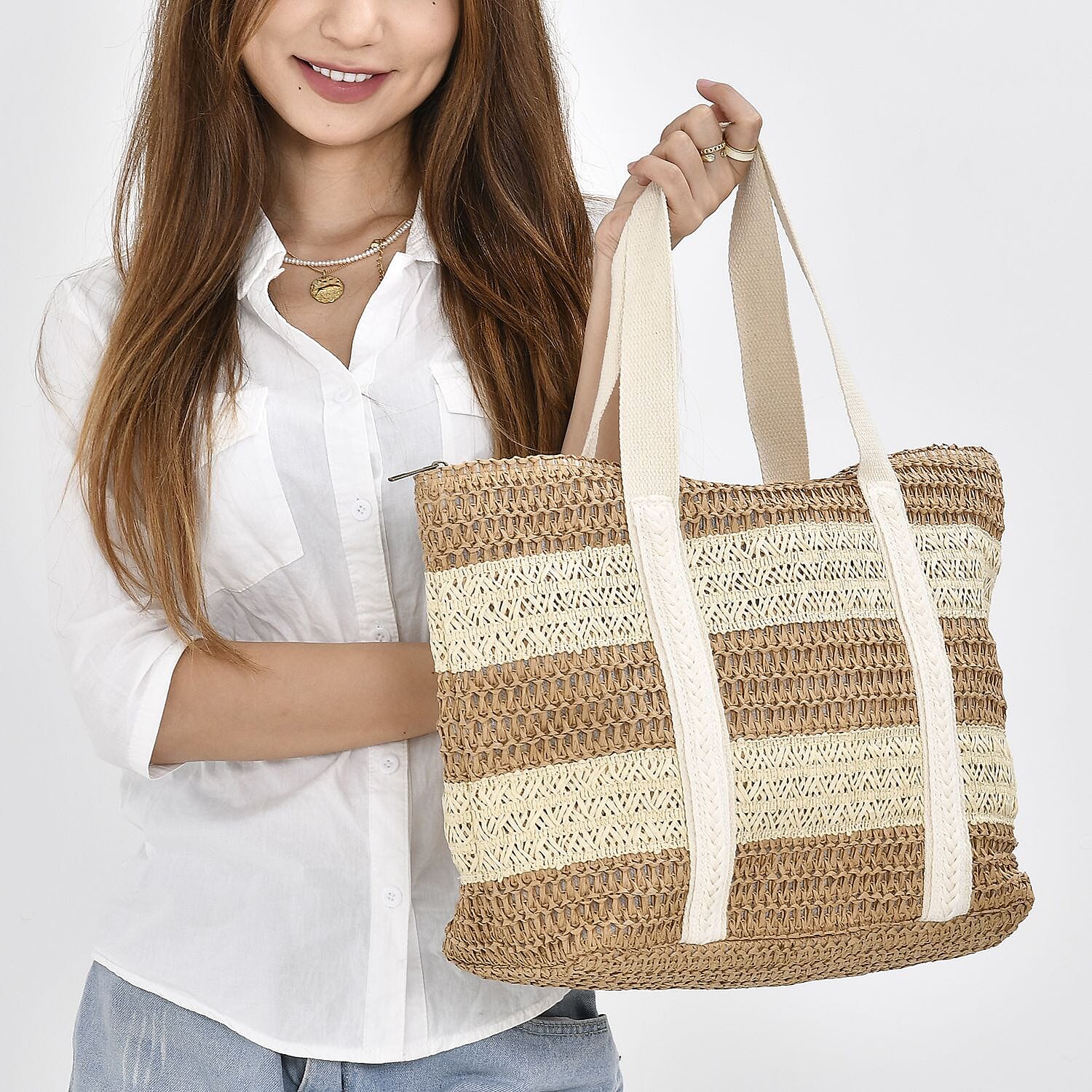 Paper Straw Stripe Patterned Tote Bag - Beige & Khaki