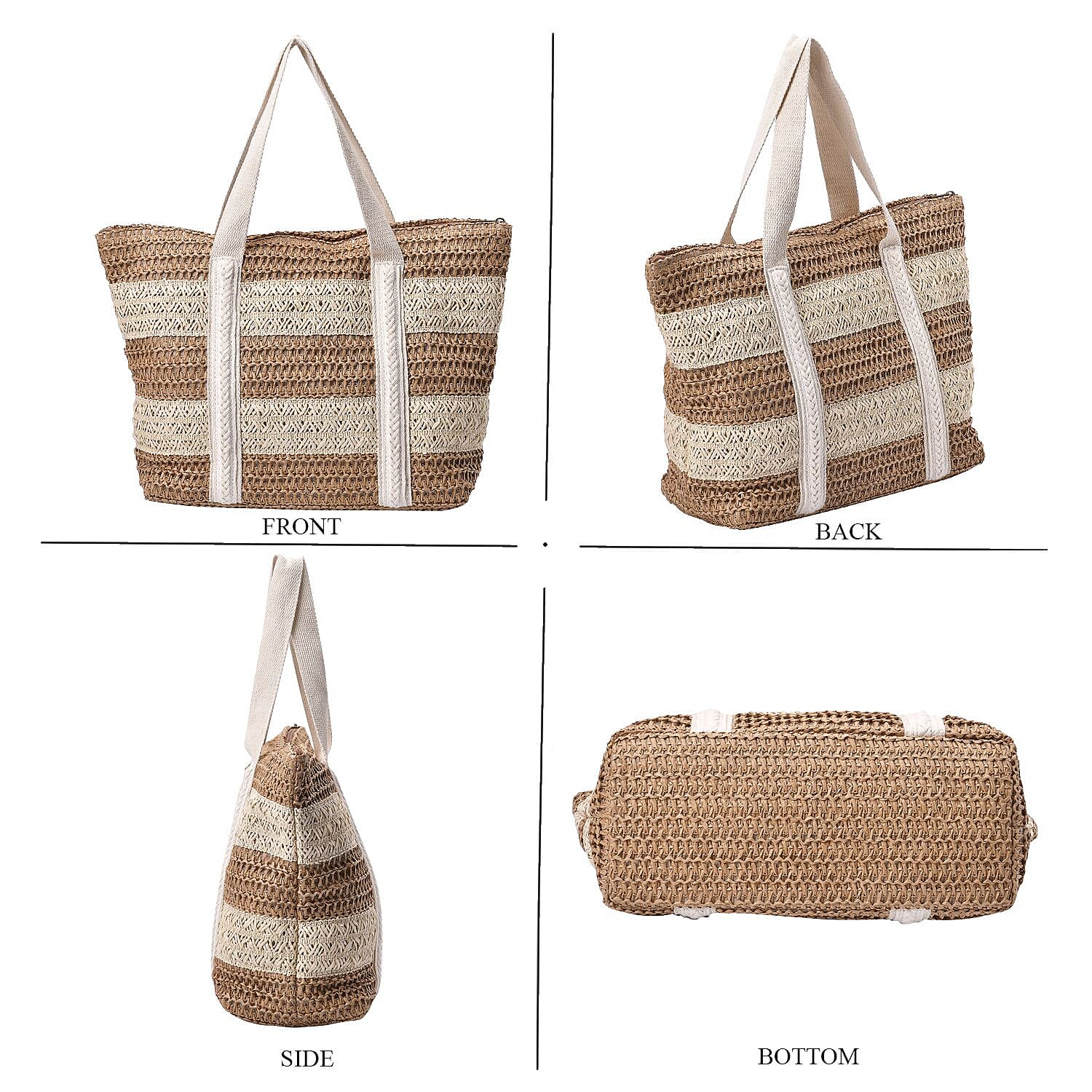 Paper Straw Stripe Patterned Tote Bag - Beige & Khaki