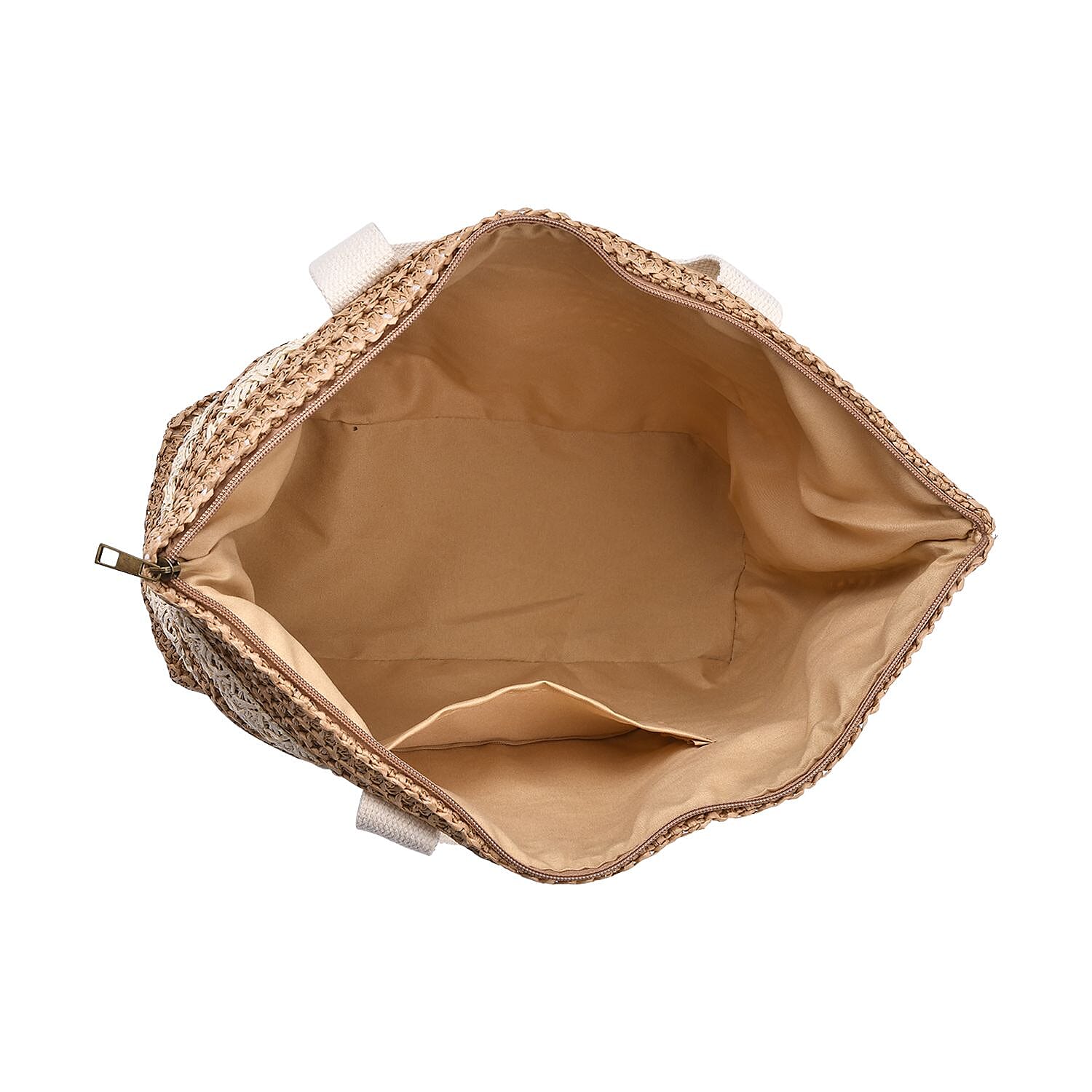 Paper Straw Stripe Patterned Tote Bag - Beige & Khaki