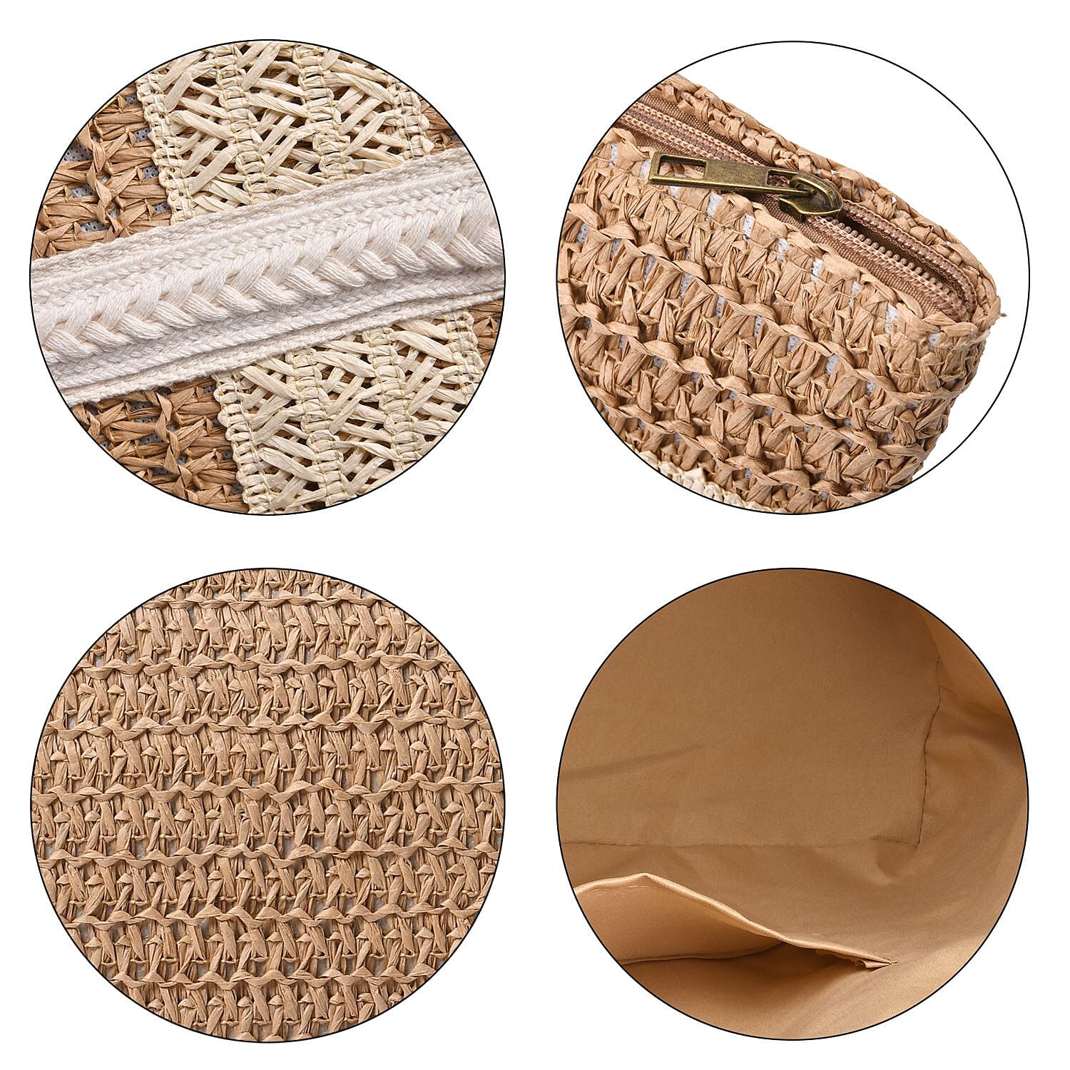 Paper Straw Stripe Patterned Tote Bag - Beige & Khaki