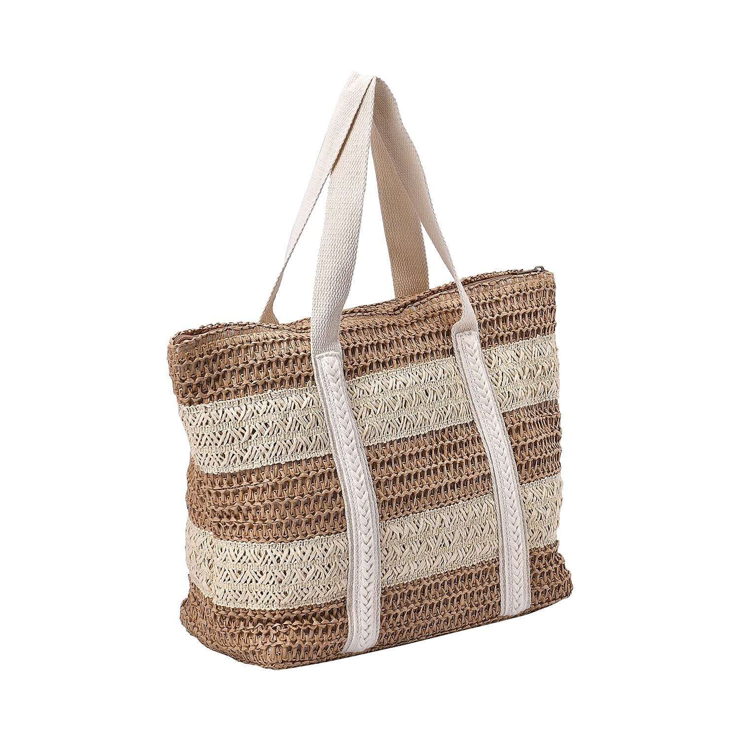 Paper Straw Stripe Patterned Tote Bag - Beige & Khaki