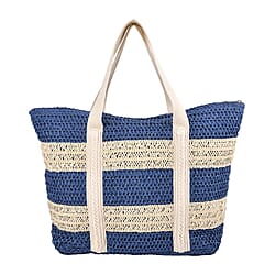 Paper Straw Stripe Patterned Tote Bag - Grey & Beige