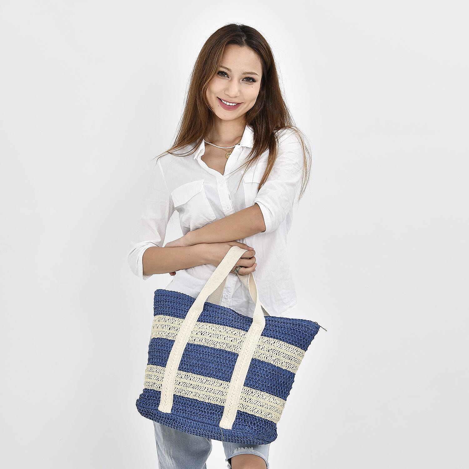 Paper Straw Stripe Patterned Tote Bag - Blue & Beige