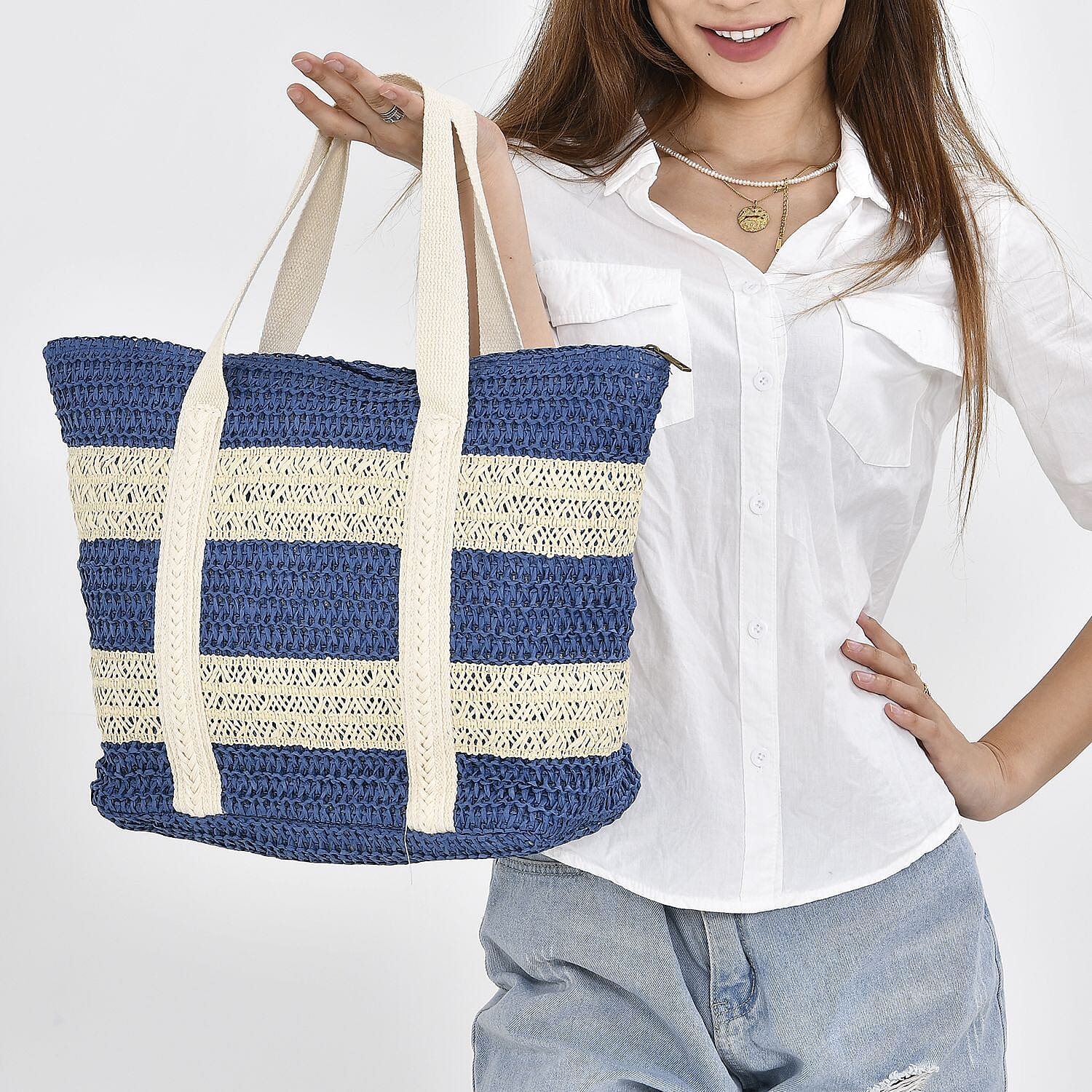 Paper Straw Stripe Patterned Tote Bag - Blue & Beige