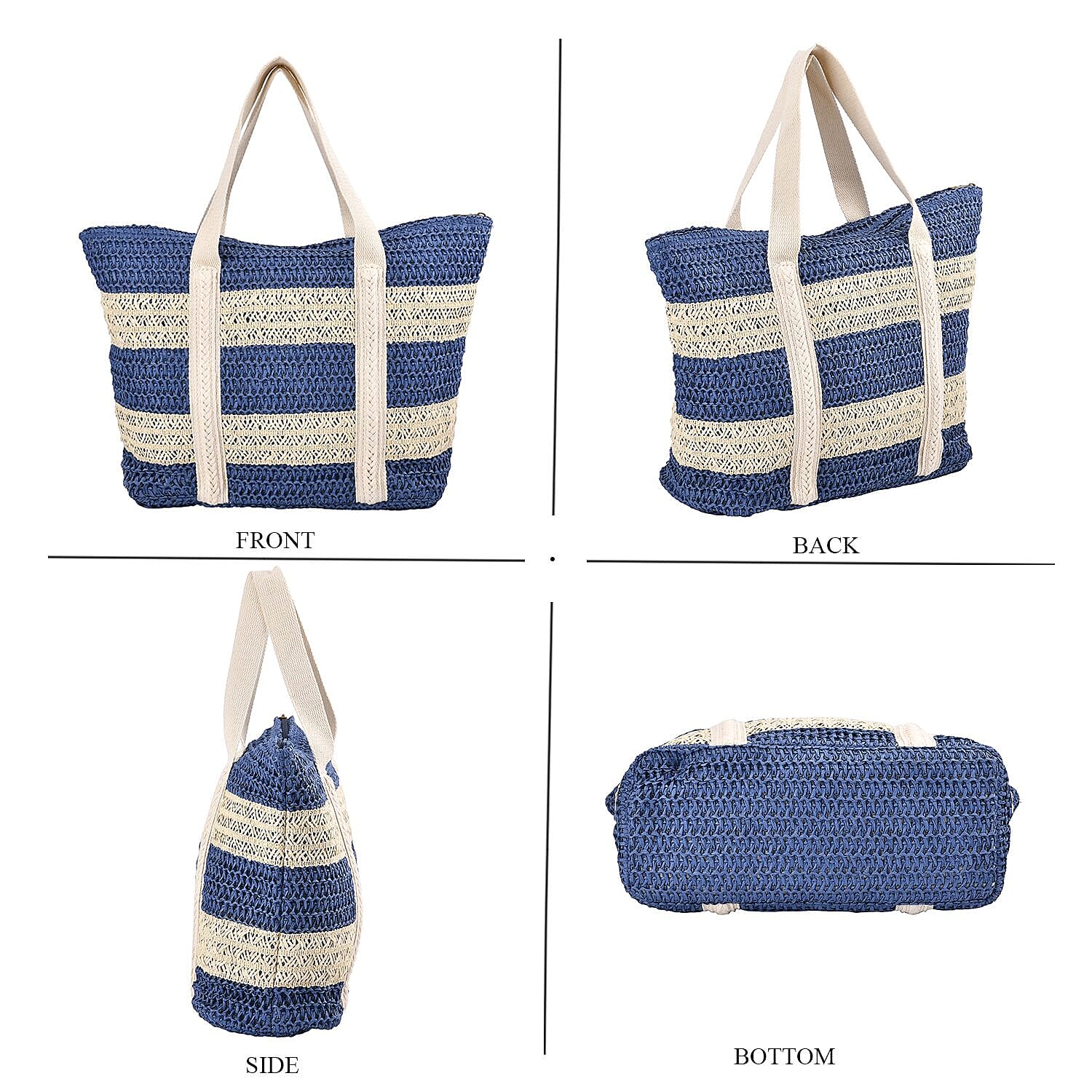 Paper Straw Stripe Patterned Tote Bag - Blue & Beige